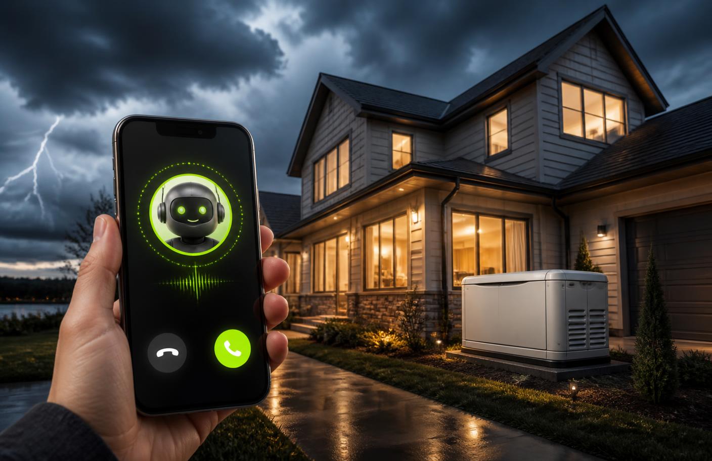 A smartphone showing an AI call assistant in front of a lit home with a standby generator during a storm